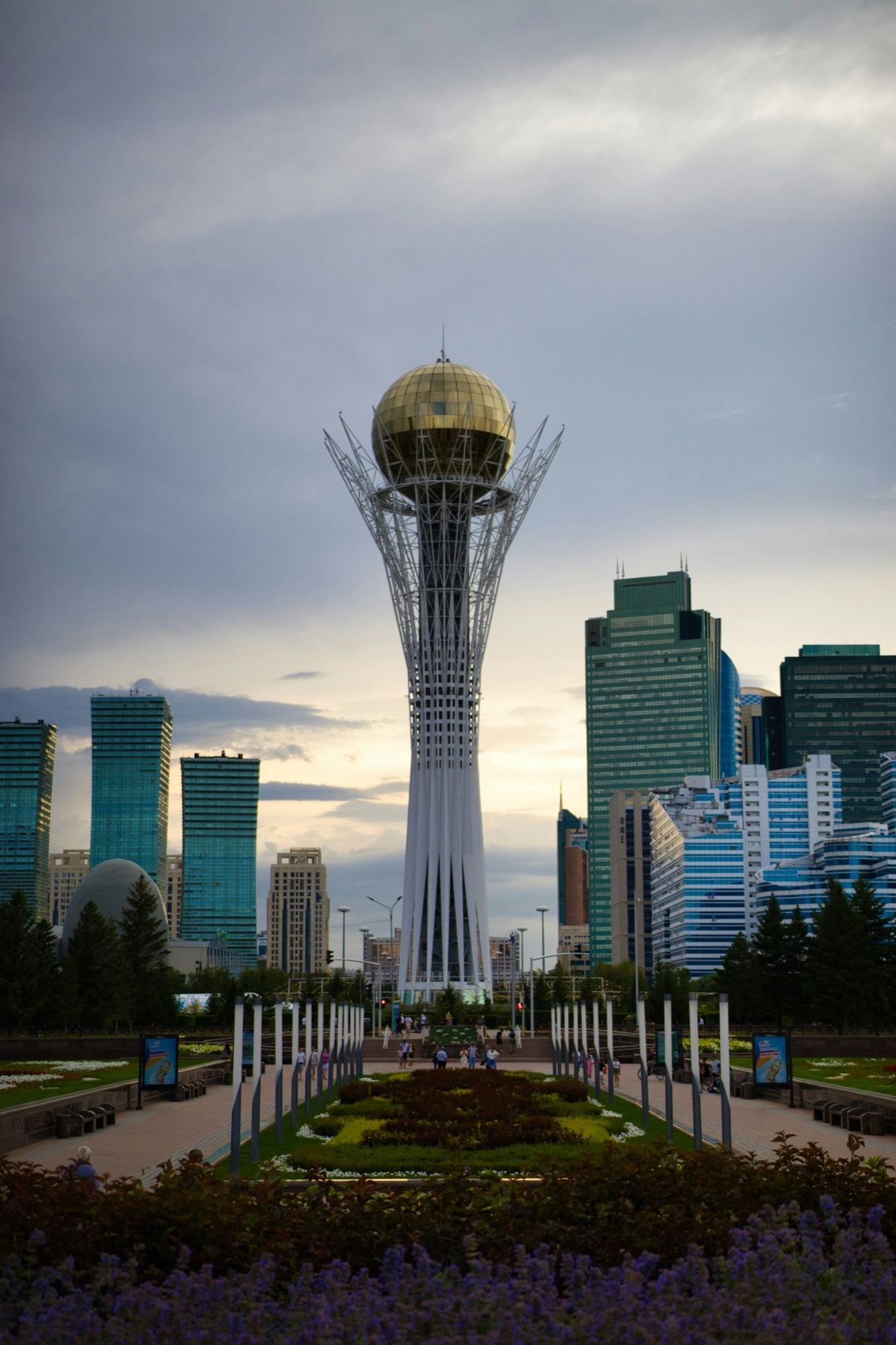 The Baiterek tower and the modern skyline of Astana, Kazakhstan, at dusk