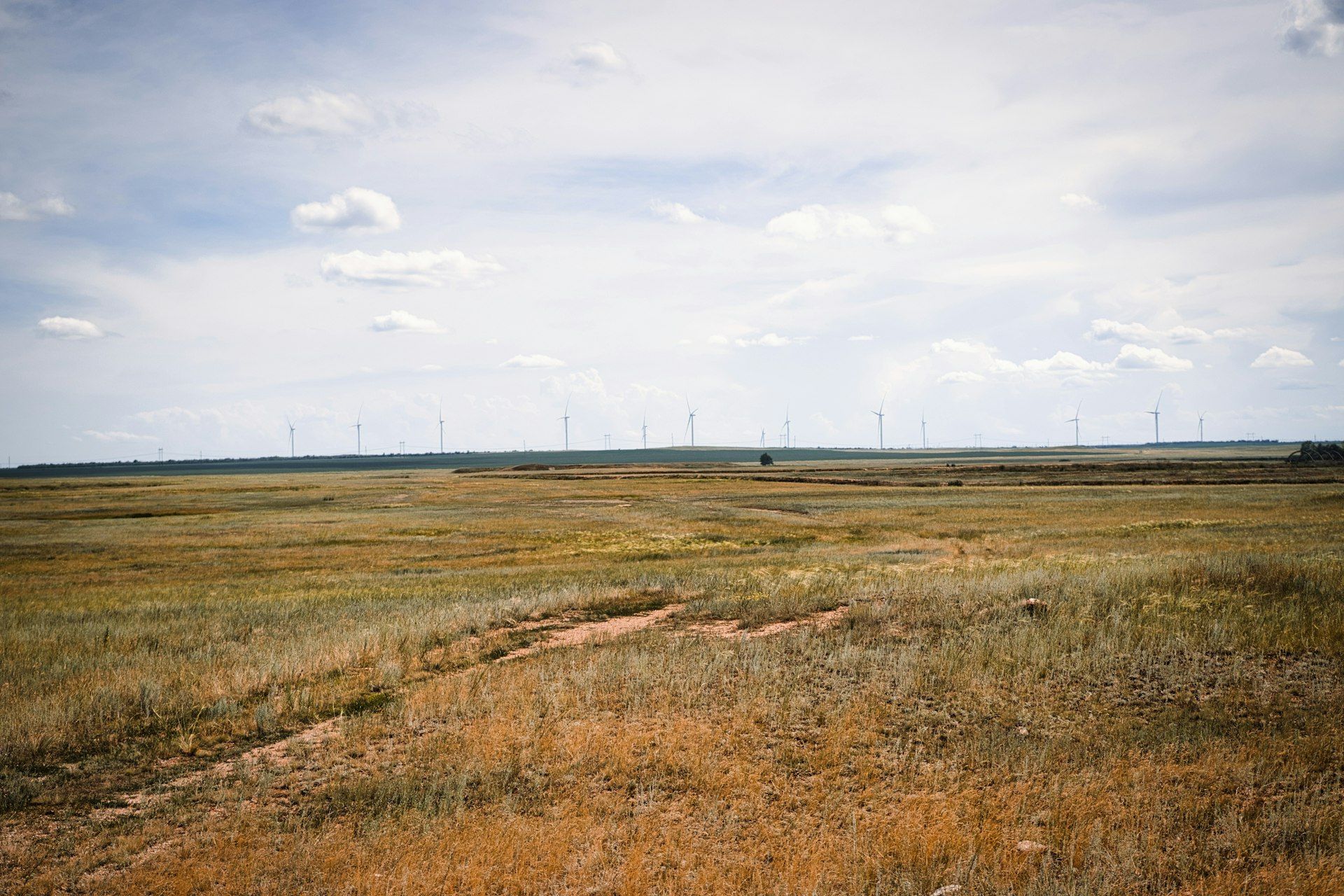 Open steppe near Ereymentau, Kazakhstan, with a wind farm on the horizon