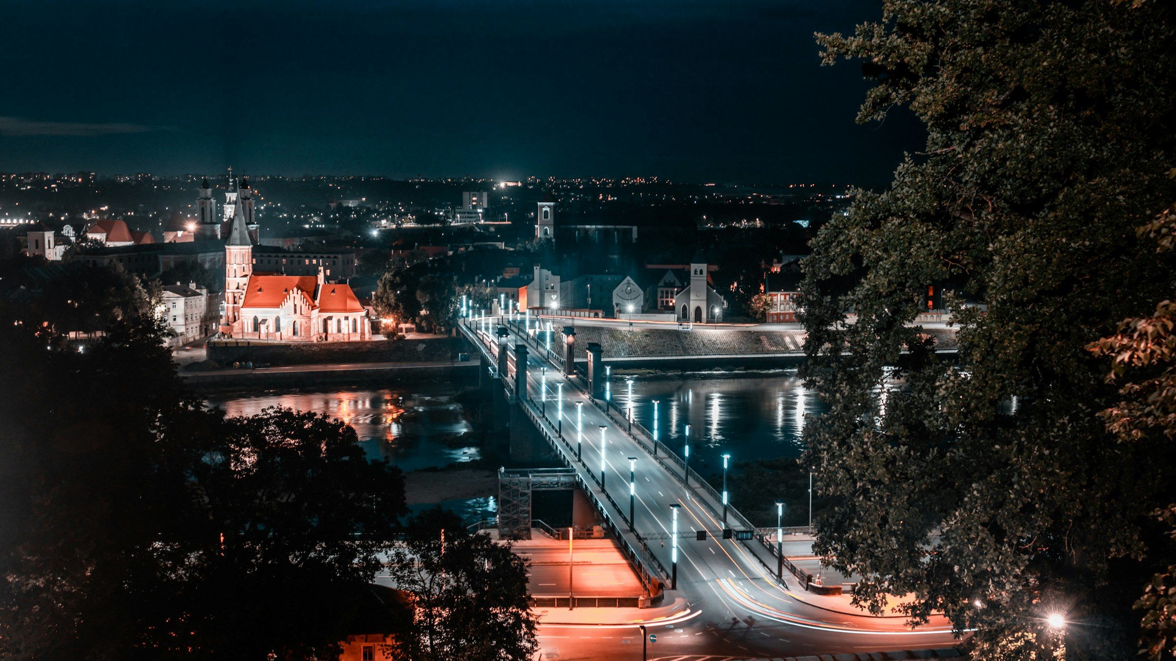Kaunas Old Town and Vytautas the Great Bridge over the Nemunas at night
