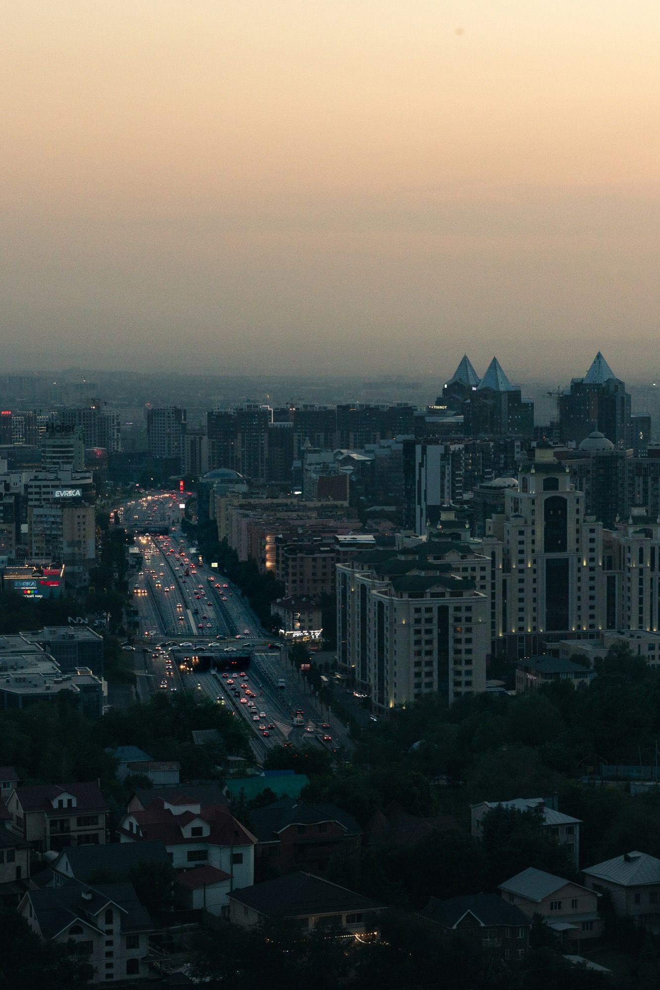 Almaty's business district and city lights at dusk, seen from Kok Tobe