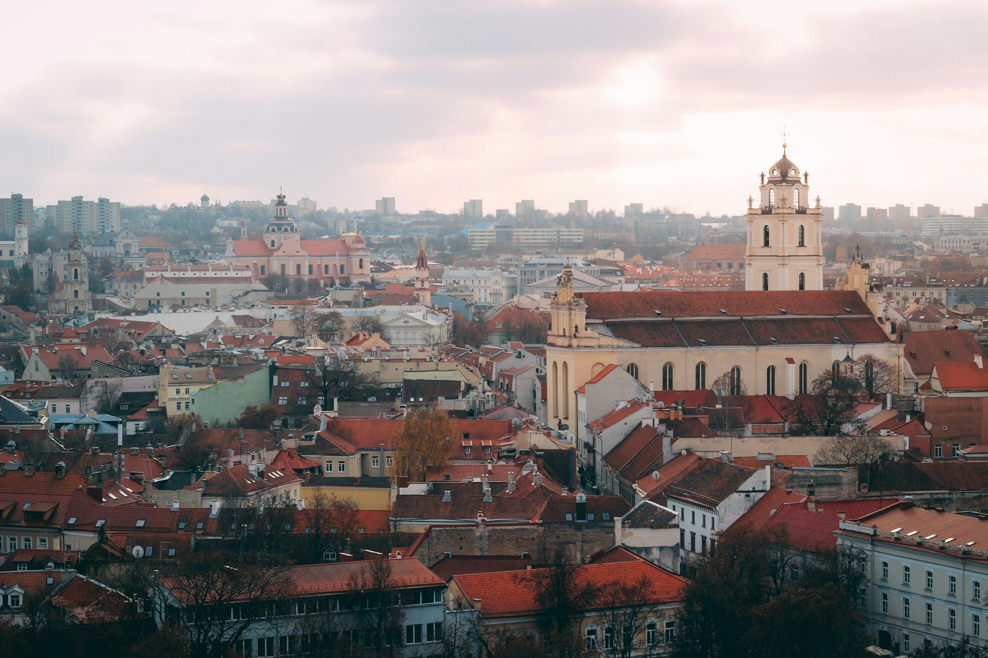 The red rooftops and church towers of Vilnius Old Town